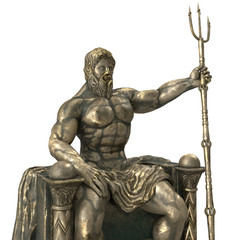 Bronze statue of the Greek god Poseidon on an isolated white background. 3d illustration