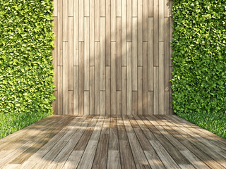 Fototapety  Dekoracyjna ściana z drewnianych desek i zielony wertykalny ogród