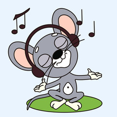 Emoticon with a cool happy mouse sitting on the lawn and listening to music on headphones, color vector clip art on isolated background