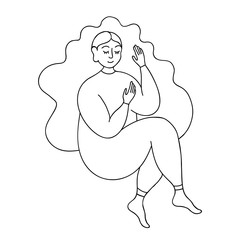 Sleeping young girl in linear style isolated on white background. Vector illustration with a woman with closed eyes and a smile. Sweet Dreams. Coloring page.