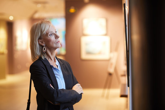 Side view portrait of elegant mature woman looking at paintings while enjoying exhibition in modern gallery or museum, copy space
