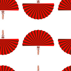 Red open fan on a white background with a beautiful tassel hanging on it. Seamless pattern. Cartoon style. Use as decoration element for banner for Chinese New Year. Vector illustration. EPS 10
