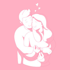 Valentine day illustration hugging lovers, man hug his women from behind.