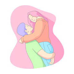 Valentine illustration, Young couple hugging and falling in love each other.