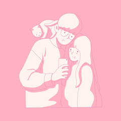  Valentine illustration, young couple take a selfie together with a cat above the man. Pink Silhouette.