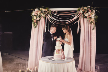 gorgeous bride and stylish groom tasting their stylish wedding cake. happy newlywed couple eating piece of cake, funny emotional moment