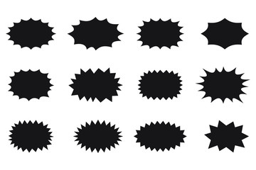 Splash star icon set in flat style. Set of explosion background for a surprising and shocking moment with sample texts.