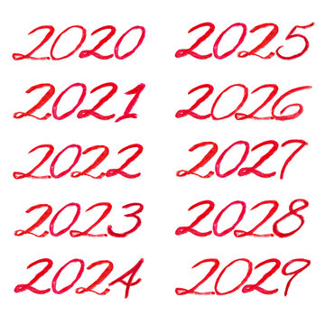 Red watercolor lettering from 2020 to 2029 decade. All numbers isolated on a white background, handwritten, decorative font