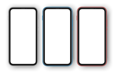 Set of three differently colored smartphones with white blank screens. Frameless cellphones isolated with screen for your contect. Cellphone mockup