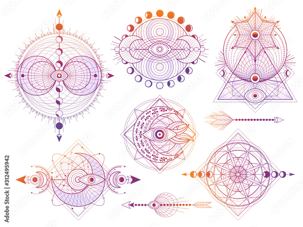 Wall mural Vector set of Sacred geometry symbols with moon, sun, eye and arrows on white background. Abstract mystic signs collection.