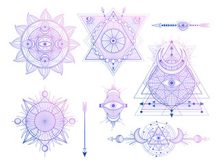 Vector set of Sacred geometry symbols with moon, sun, eye and arrows on white background. Abstract mystic signs collection.