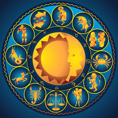 The horoscope circle with twelve signs of the zodiac on an isolated background. Vector image.