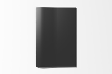Black brochure or booklet cover mock up on white. Isolated with clipping path around brochure. View above. 3d illustratuion