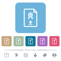 Upload certificate flat icons on color rounded square backgrounds