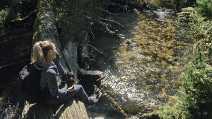 Traveler photographing scenic view in forest river. Wood bridge fallen tree. One caucasian woman shooting nice magic look. Girl take photo video on camera. Photographer travel with backpack. Outdoor.