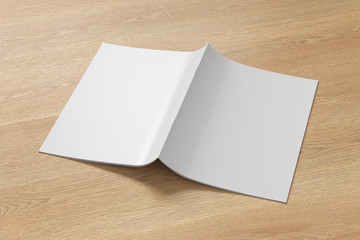 Brochure or booklet cover mock up on wooden background. Brochure is open and upside down. Isolated with clipping path around brochure. 3d illustratuion