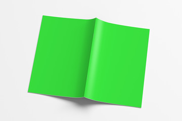 Green brochure or booklet cover mock up on white. Brochure is open and upside down. Isolated with clipping path around brochure. 3d illustratuion