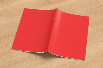 Red brochure or booklet cover mock up on wooden background. Brochure is open and upside down. Isolated with clipping path around brochure. 3d illustratuion