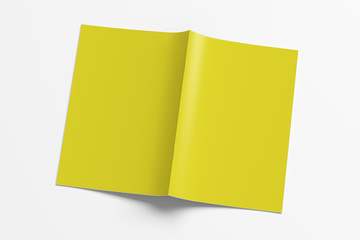Yellow brochure or booklet cover mock up on white. Brochure is open and upside down. Isolated with clipping path around brochure. 3d illustratuion
