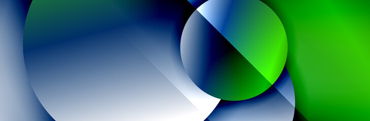 Dynamic trendy geometrical abstract background. Circles, round shapes 3d shadow effects and fluid gradients. Modern overlapping round forms