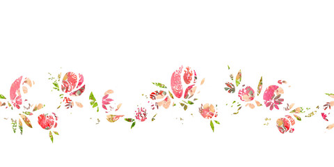 Wavy horizontal seamless pattern of simple roses. Watercolor illustration, handmade.