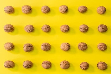 Walnuts in rows, minimalist pattern of walnuts on a bright bold yellow background, autumn food concept