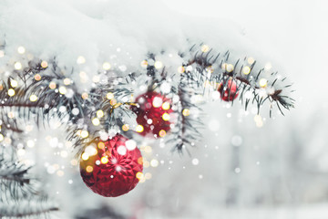 Winter landscape with snow and christmas trees. Festive Christmas tree decorated with glass red toy...