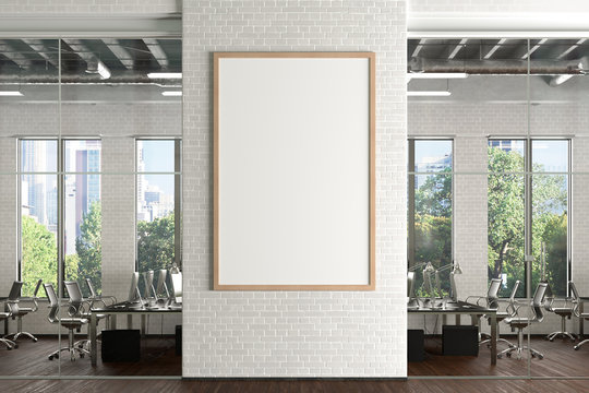 Blank vertical poster mock up on the white brick wall in office interior. 3d illustration