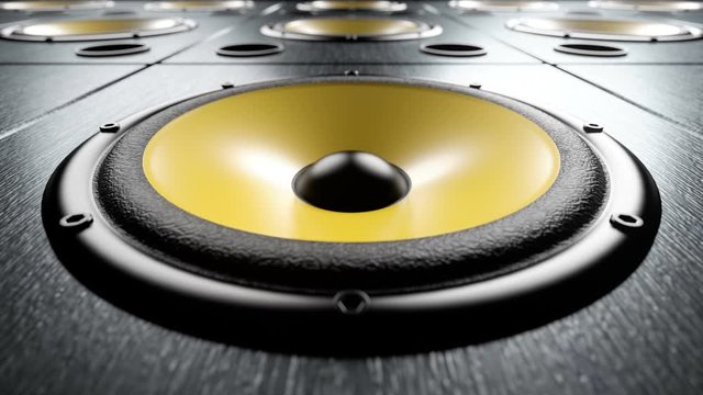 Close-up view of audio speaker with yellow reflective membrane dancing and vibrating while playing modern music at 90 bpm frequency. Static view seamless loop. Dance or rock party music illustration.