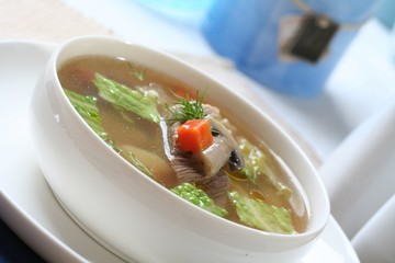 Close up of broth soup