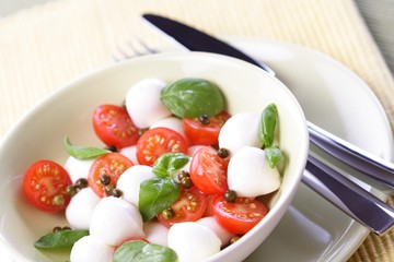 Close of tomato and mozarella in dish