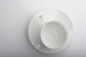 Empty cup on a plate in white table