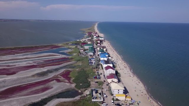 Curortnoe sea spit resort in Odessa region in Ukraine. Aerial view of beach and sea.
