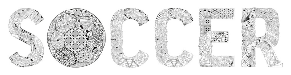 Word soccer for coloring. Vector decorative zentangle object