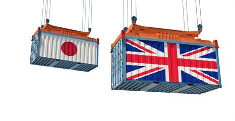Freight container with Japan and United Kingdom flag - isolated on white. 3D Rendering