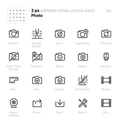 Photo Camera outline vector icons. Flash, Film, Don't Take Photos