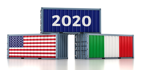 Year 2020 - Freight container with USA and Italy flag. 3D Rendering