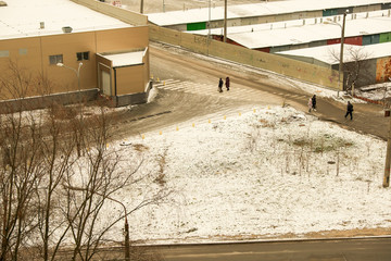 City courtyard little snowy winter