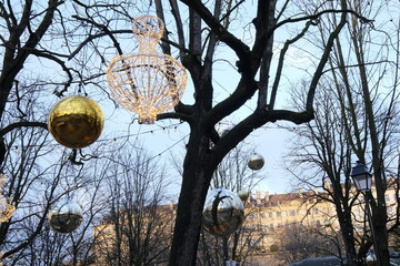 decoration and light garland on the trees of the bastions park in Geneva, Switzerland