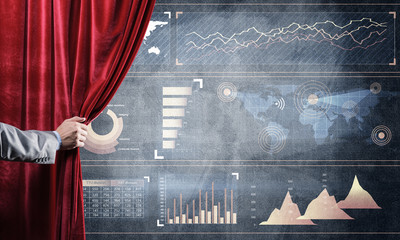 Business success strategy concept presented by infographs on concrete wall