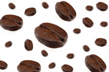 Rosted coffee grains on white backgorund