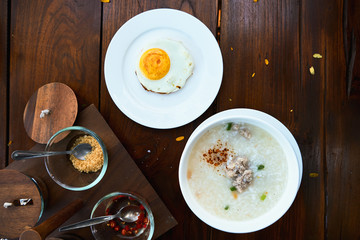 Breakfast, Boiled rice on wooden table