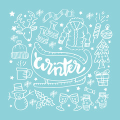 Winter hand drawn doodle set 