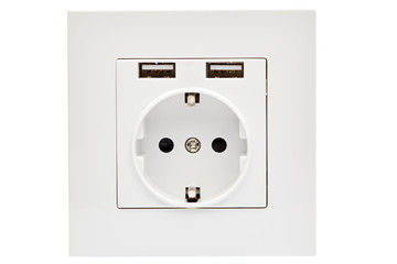 Power socket standard 220 volt with two connectors usb for charging mobile devices isolated on white background. Close up.