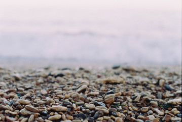 Sea pebbles on the water front in the sunset light
