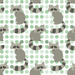 Cute sitting grey raccoons. Animal seamless pattern on light green dotted background. Vector illustration.