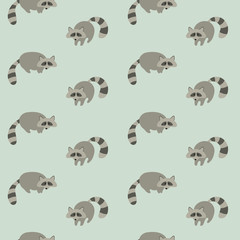 Cute grey  raccoons on light green backgroung. Flat vector illustration, animal seamless pattern.