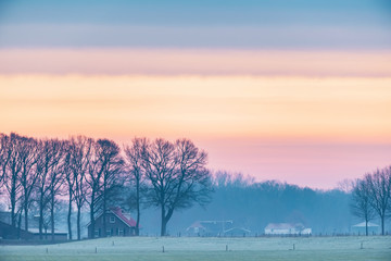 Rural house and bare winter trees in countryside at sunrise.