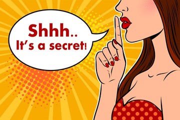 Sexy woman with a finger on her lips and a Shh speech bubble. Silence gesture. Pop art vector comic illustration.