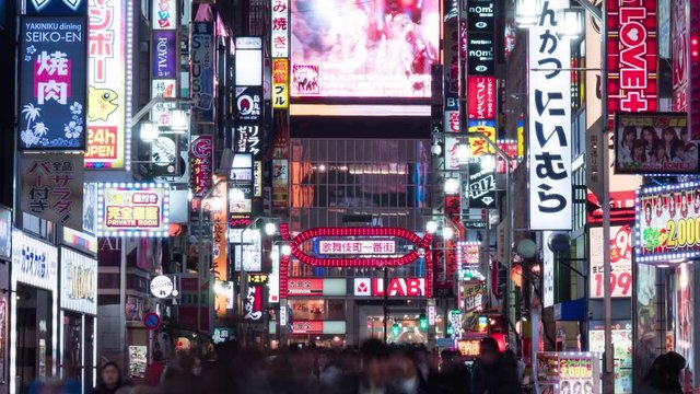 Nightlife in Kabukicho, Shinjuku District, 4K timelapse zoom in. Japan tourism or Asia tourist attraction concept
